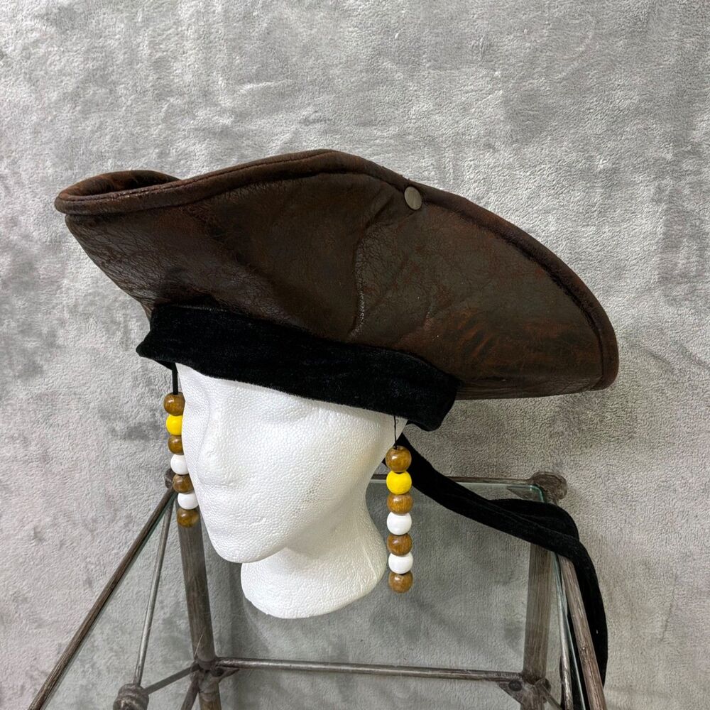 Adult Brown Pirate Tricorne Hat Tri-Corner Faux Leather Captain Cowboy Costume